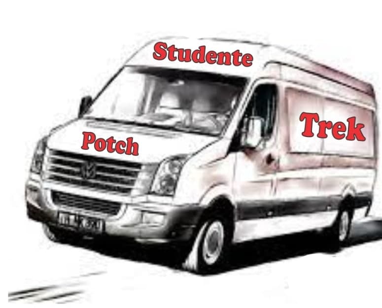 Die wit paneelwa uit ons advertensie, met Studente, Trek en Potch daarop geskryf